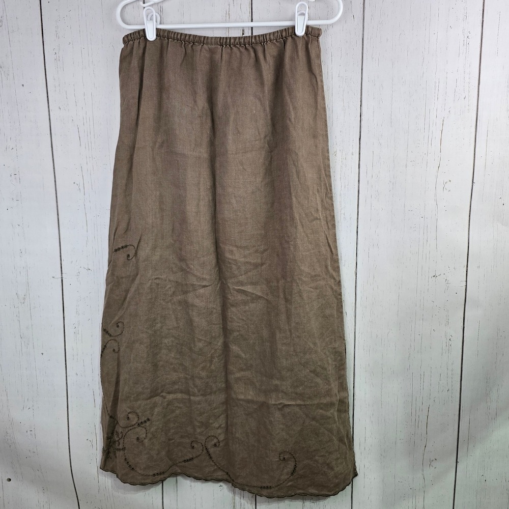 J. Jill Maxi Skirt Womens S Brown 100% Linen Floral Embroidered Eyelet Slit Boho